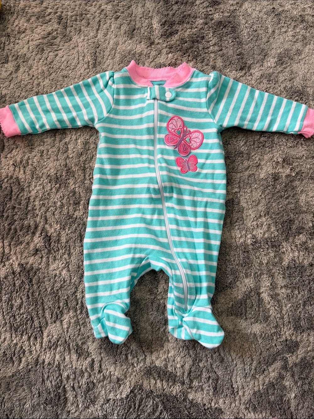Garanimals Turquoise & Pink Striped Footed One-Piece with Butterfly Applique